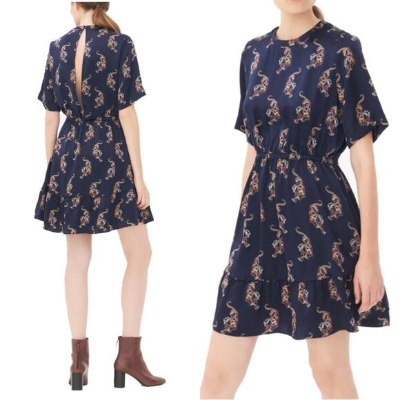 SANDRO NAVY SILK TIGER PRINT DRESS KEYHOLE BACK SHORT SLEEVE SIZE 1 - Picture 1 of 9